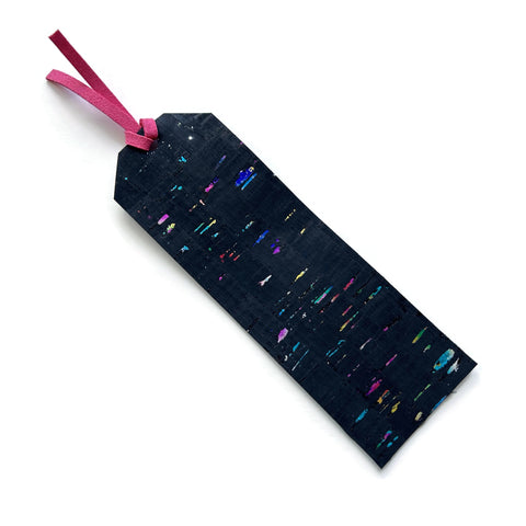 Black and Metallic Rainbow Cork Bookmark with Pink Tassel, Vegan Friendly