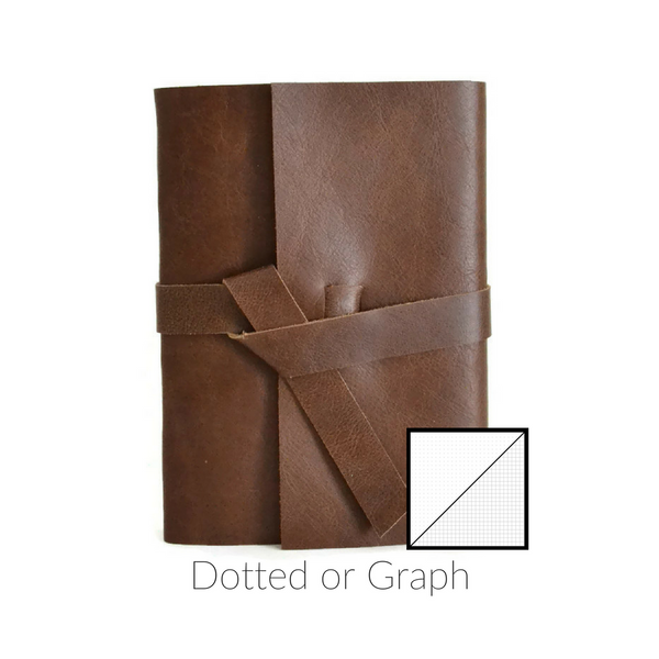 Handmade Bullet Journal with Brown Leather Cover, Front View