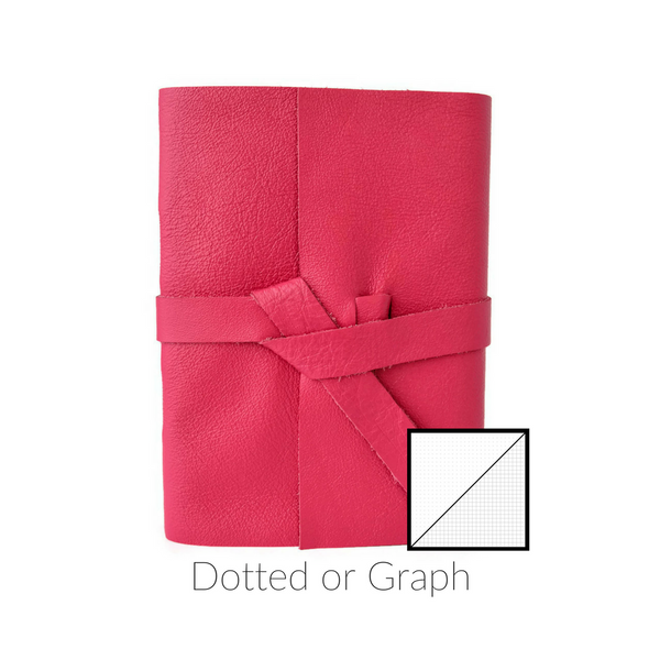 Front View of a Handmade Leather Bullet Journal in Pink Leather