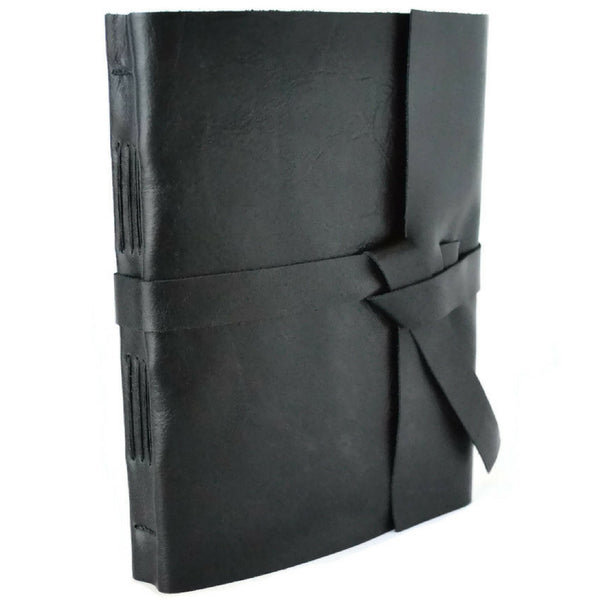 Custom Personalized Black Leather Journal with leather wrap tie