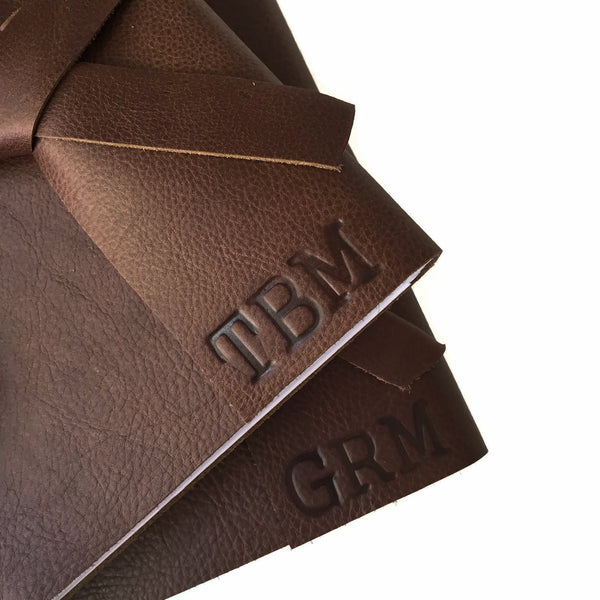 Example of stamped personalized initials on Chocolate leather journal cover