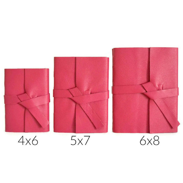 Pink Leather Journal Size Chart Showing 4x6, 5x7, and 6x8 inch sized books to choose your journal size