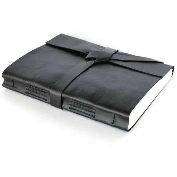Custom Personalized Black Leather Journal with leather wrap tie
