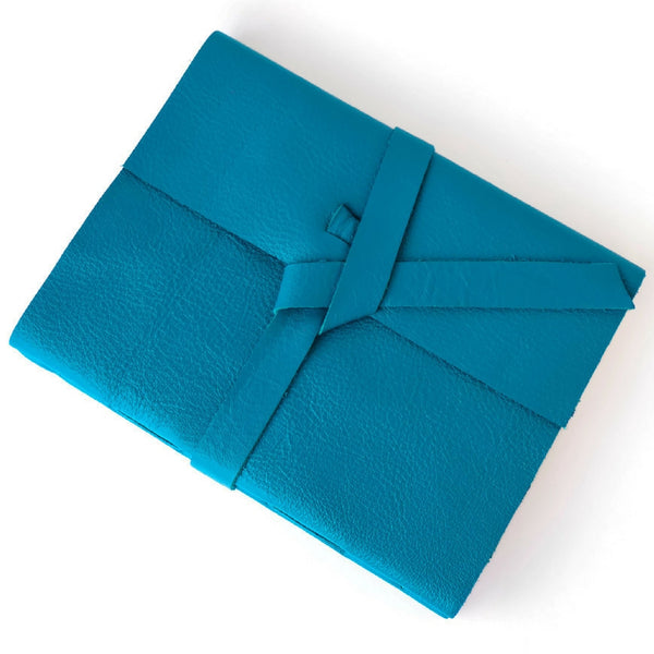 Custom Teal Leather Notebook with unlined paper and custom thread color
