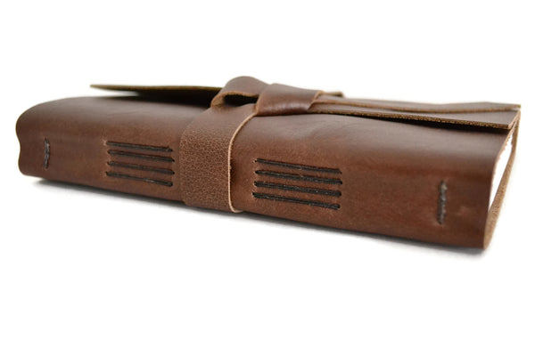 Spine View of Brown Leather Travel Journal with Unlined Pages