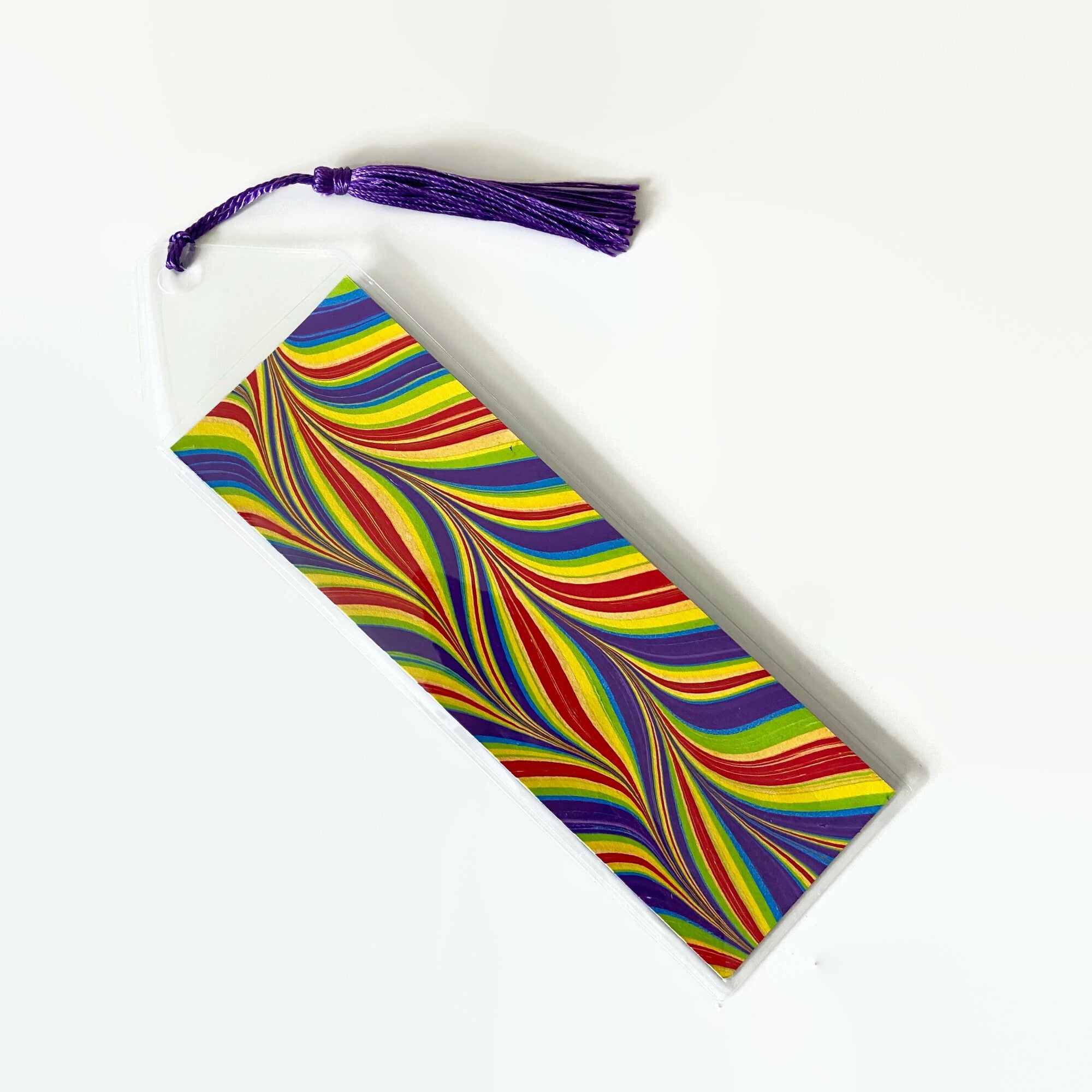 Bookmark with Hand Marbled Paper, Rainbow Candy Stripe (Purple Theme)
