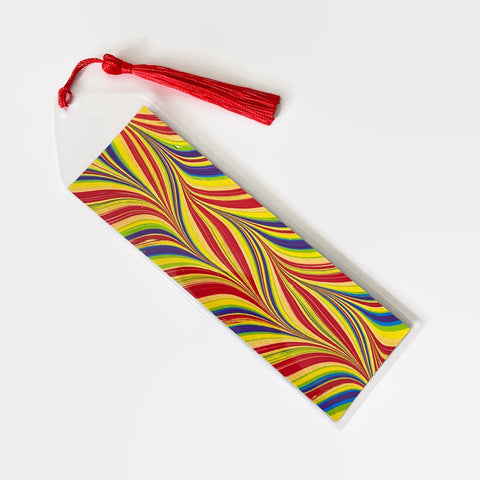 Bookmark with Hand Marbled Paper, Rainbow Candy Stripe (Red Theme)