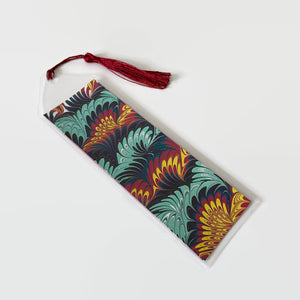 Bookmark with Hand Marbled Paper, Red Yellow Black Mint Bouquet
