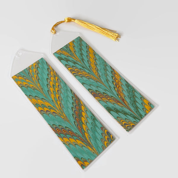 Bookmark with Hand Marbled Paper, Sage Green and Golden Yellow