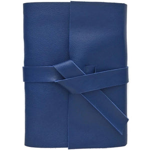 Front view dark blue leather journal with wrap cover