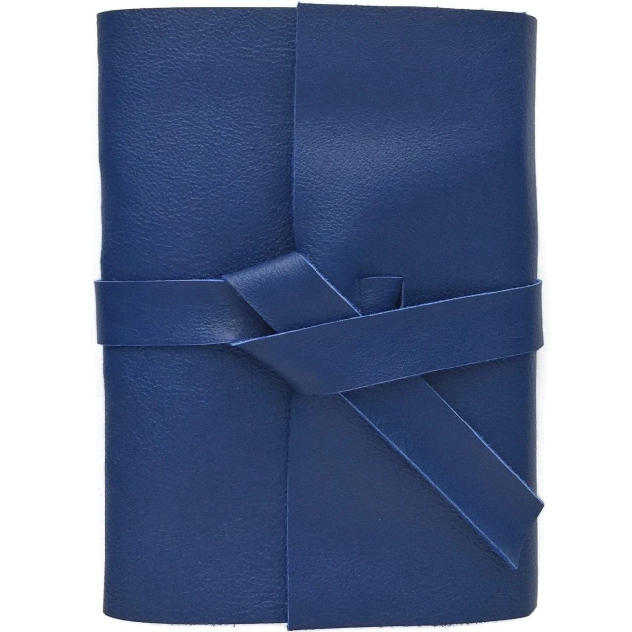 Front view of dark blue leather journal with wrap cover