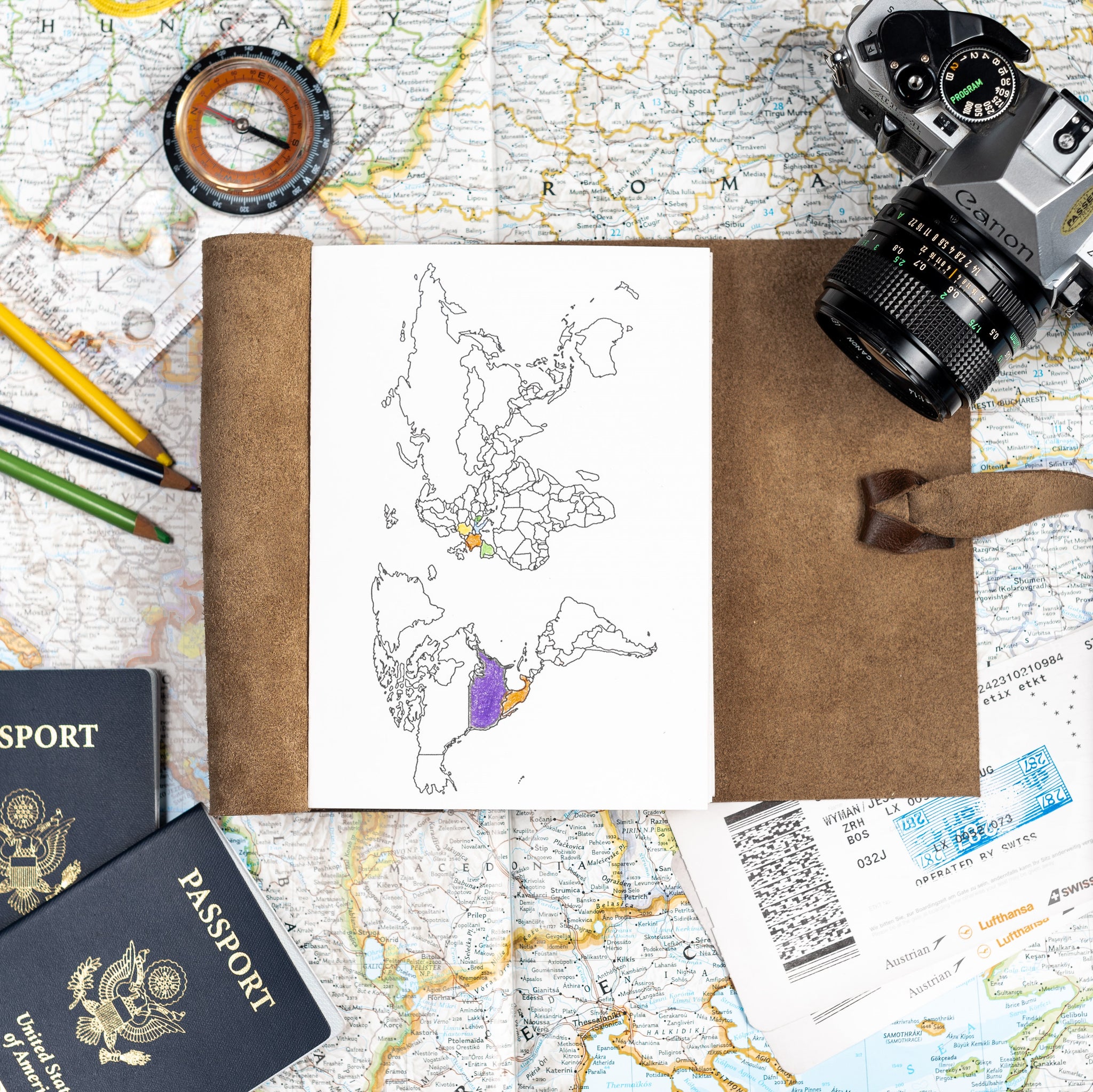 US or World Map Leather Travel Journal Notebook