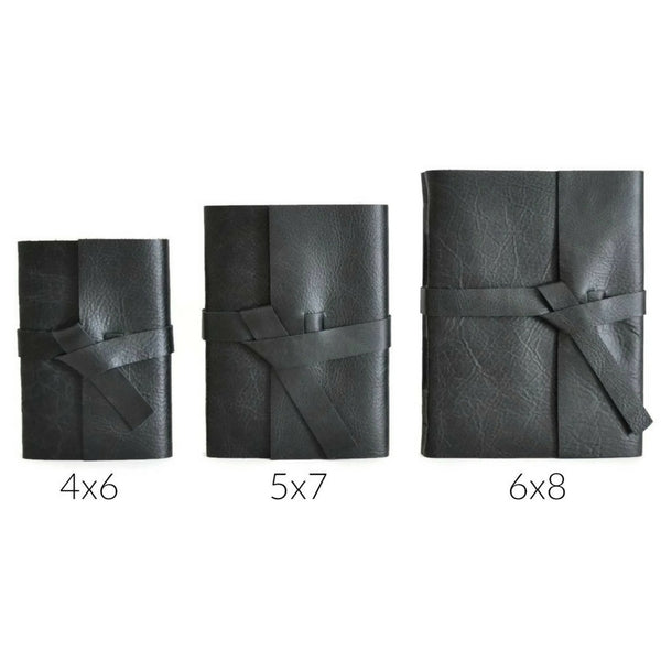 Black Leather Journal Size Chart Showing 4x6, 5x7, and 6x8 inch sized books to choose your journal size