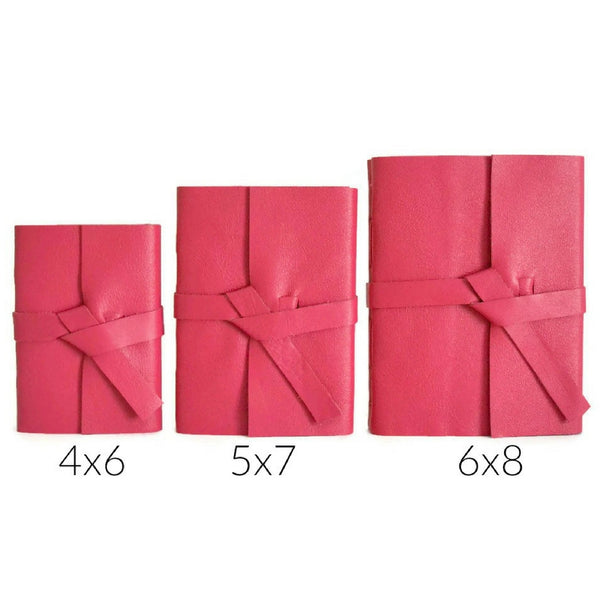 Pink Leather Journal Size Chart Showing 4x6, 5x7, and 6x8 inch sized books to choose your journal size