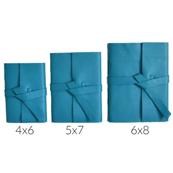 Teal Leather Journal Size Chart Showing 4x6, 5x7, and 6x8 inch sized books to choose your journal size