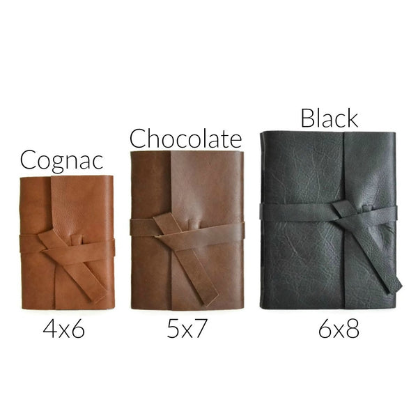 Size Comparison of 4x6, 5x7, and 6x8 inch leather journals, Choose Your Journal Size